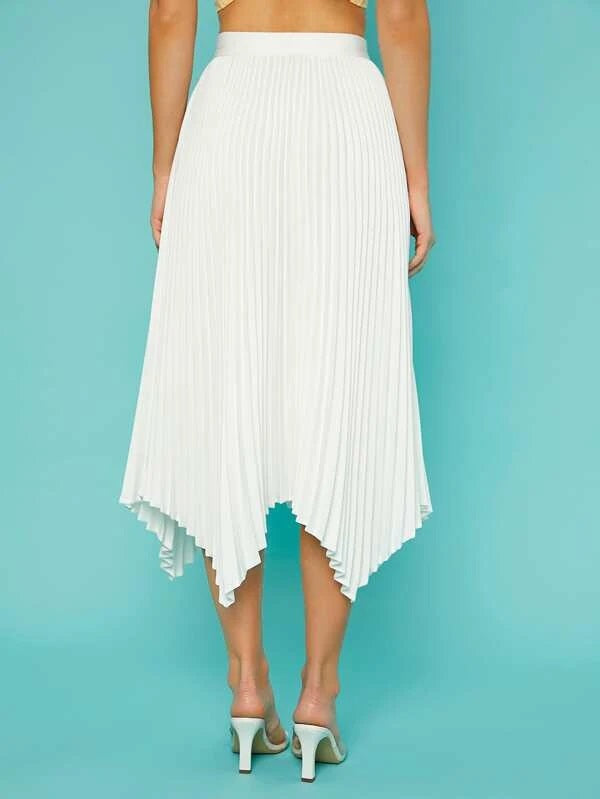 CM-BS176643 Women Casual Seoul Style Solid Asymmetrical Hem Pleated Skirt - White