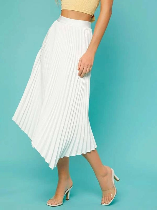 CM-BS176643 Women Casual Seoul Style Solid Asymmetrical Hem Pleated Skirt - White