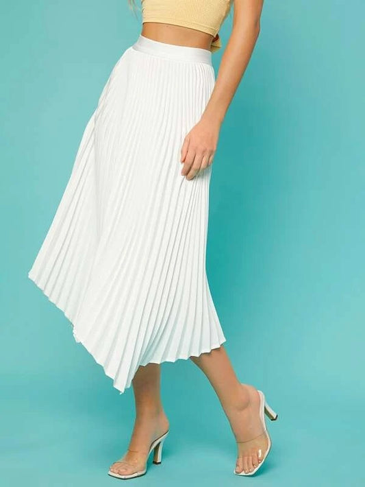 CM-BS176643 Women Casual Seoul Style Solid Asymmetrical Hem Pleated Skirt - White