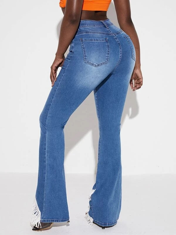 CM-BS977904 Women Casual Seoul Style High Waist Fringe Trim Flare Leg Jeans