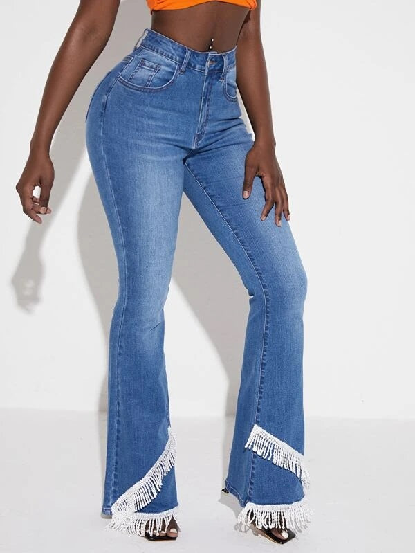 CM-BS977904 Women Casual Seoul Style High Waist Fringe Trim Flare Leg Jeans