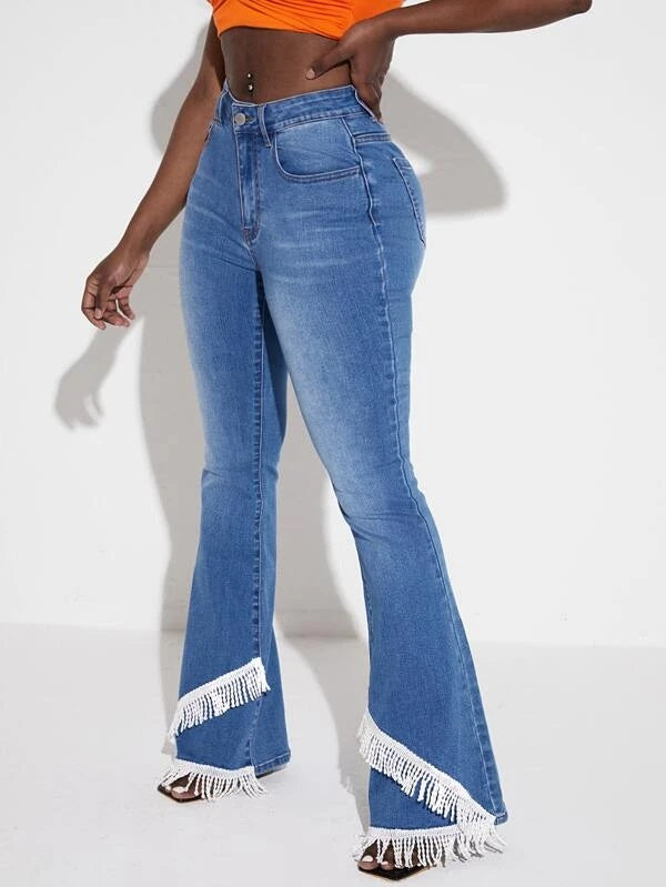 CM-BS977904 Women Casual Seoul Style High Waist Fringe Trim Flare Leg Jeans