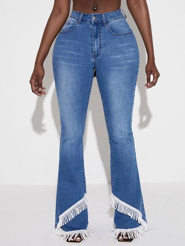 CM-BS977904 Women Casual Seoul Style High Waist Fringe Trim Flare Leg Jeans