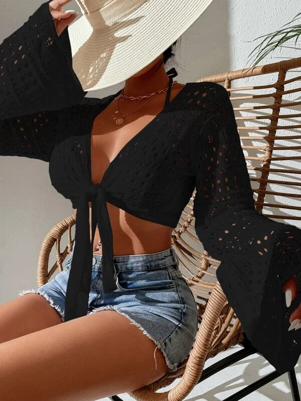 CM-SWS019911 Women Trendy Seoul Style Knot Front Hollow Out Kimono - Black