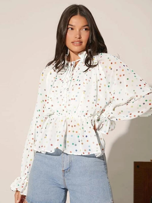 CM-TS907208 Women Casual Seoul Style Polka Dot Flounce Sleeve Tie Neck Peplum Chiffon Blouse