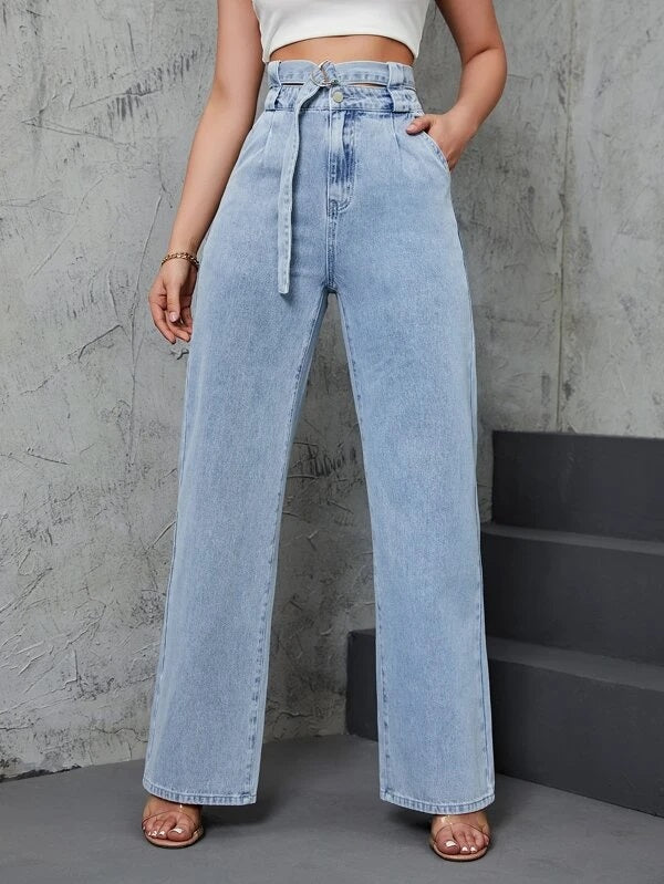 CM-BS021756 Women Casual Seoul Style Light Wash High Waist Belted Straight Leg Jeans