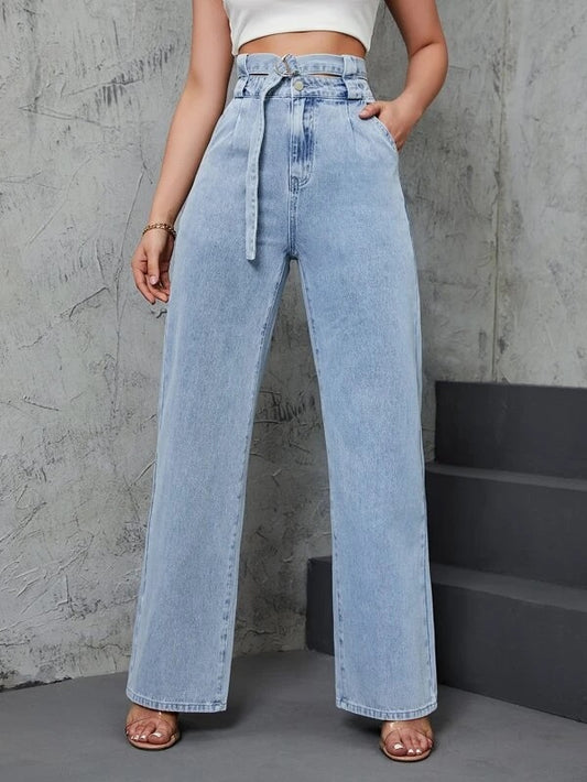 CM-BS021756 Women Casual Seoul Style Light Wash High Waist Belted Straight Leg Jeans