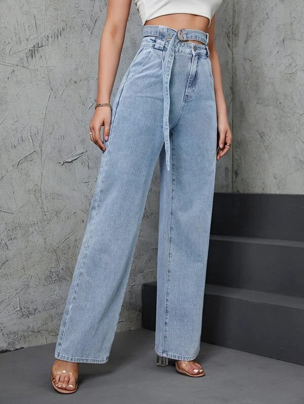 CM-BS021756 Women Casual Seoul Style Light Wash High Waist Belted Straight Leg Jeans