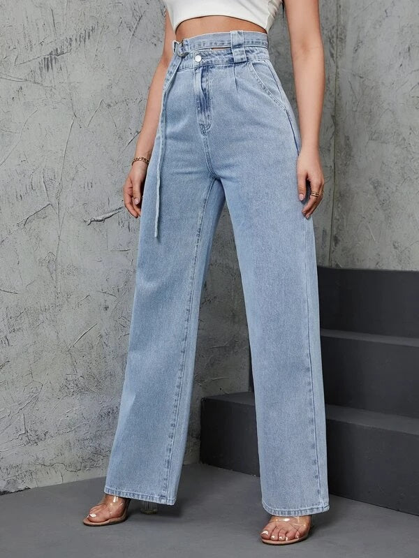 CM-BS021756 Women Casual Seoul Style Light Wash High Waist Belted Straight Leg Jeans