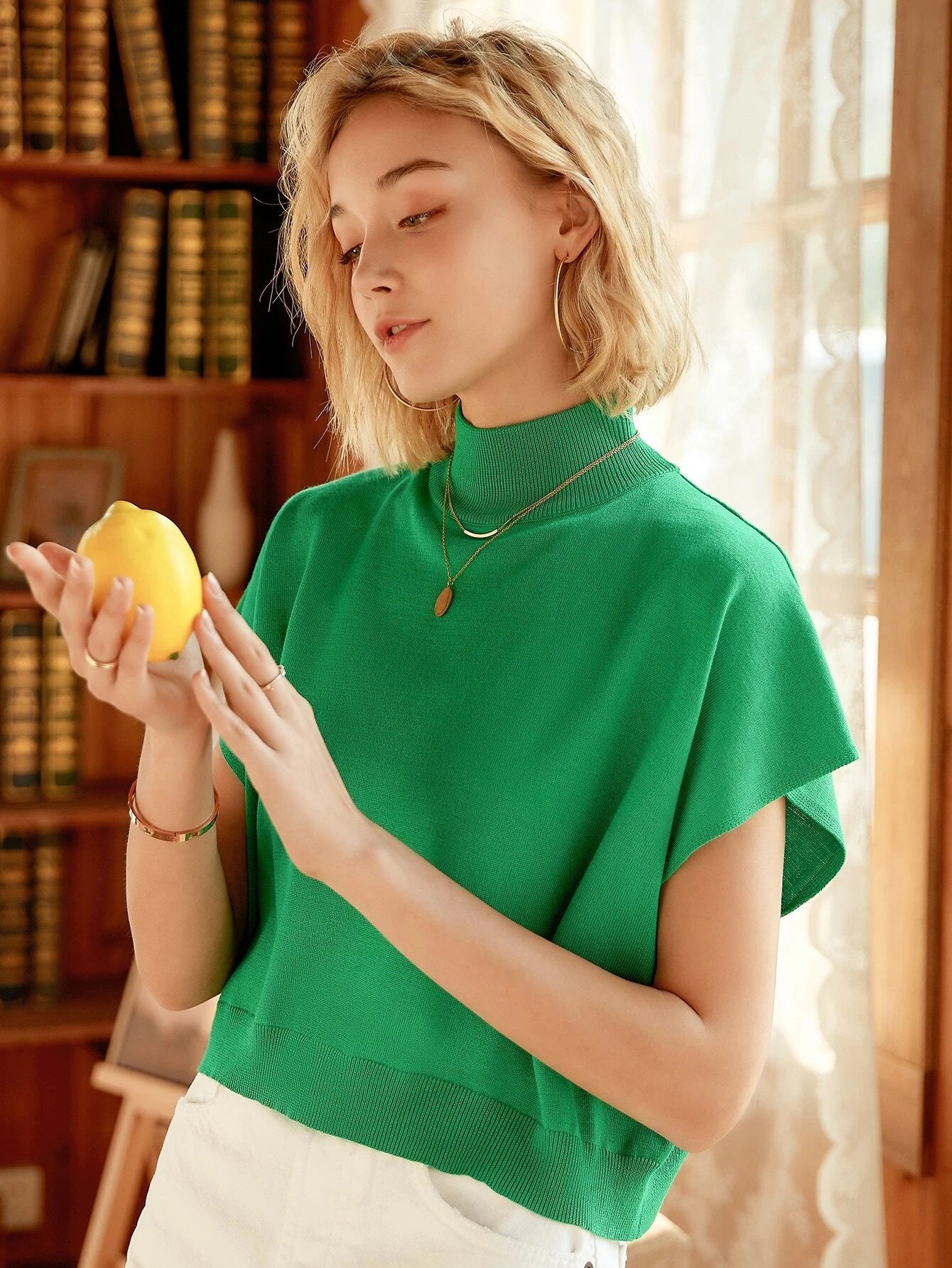 CM-TS381390 Women Casual Seoul Style Knit Mix High Neck Batwing Sleeve Knit Top - Green