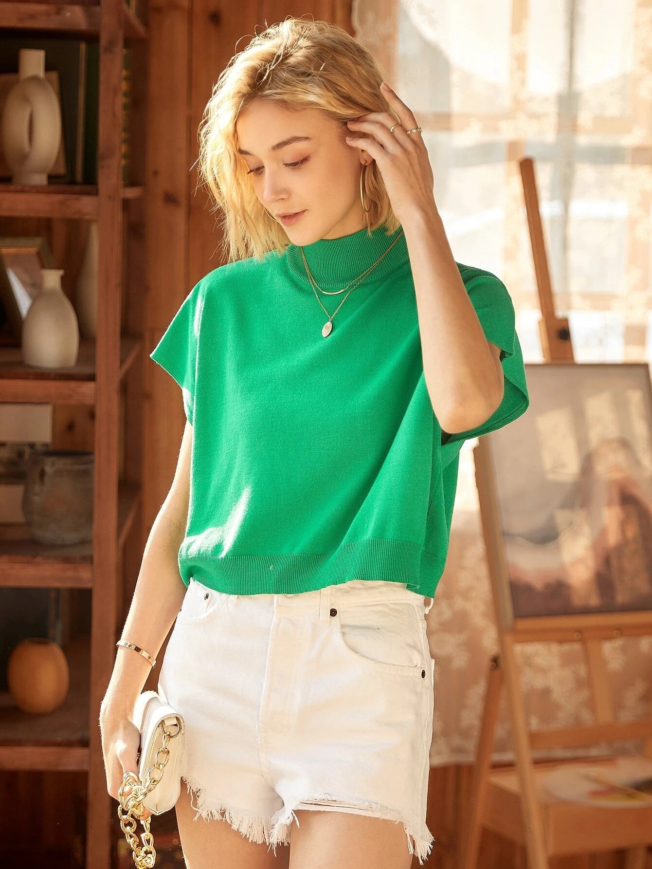CM-TS381390 Women Casual Seoul Style Knit Mix High Neck Batwing Sleeve Knit Top - Green