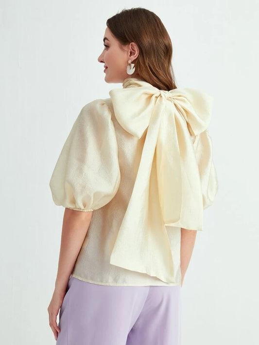 CM-TS067022 Women Casual Seoul Style Tie Back Puff Sleeve Mock Neck Blouse - Apricot