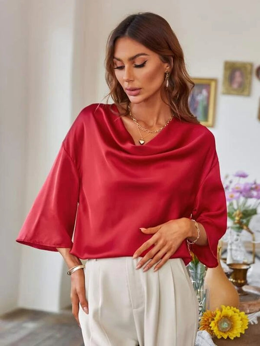 CM-TS195975 Women Casual Seoul Style Draped Collar Drop Shoulder Satin Blouse