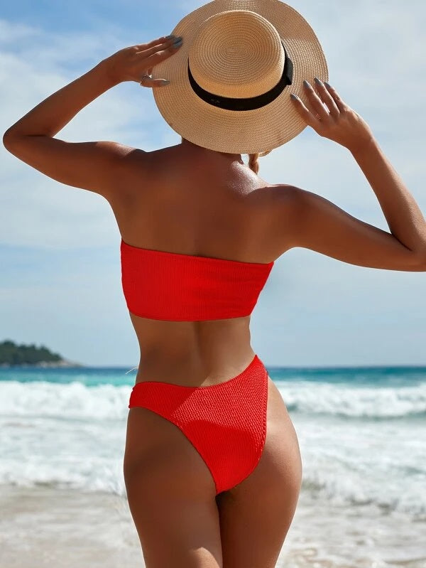 CM-SWS616531 Women Trendy Seoul Style Textured Bandeau High Cut Bikini Swimsuit - Red