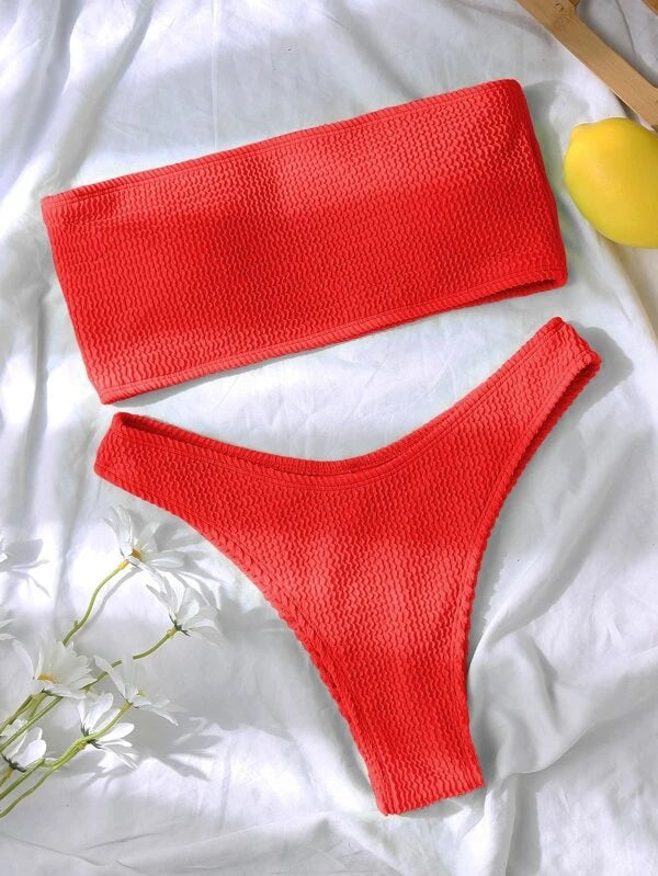 CM-SWS616531 Women Trendy Seoul Style Textured Bandeau High Cut Bikini Swimsuit - Red