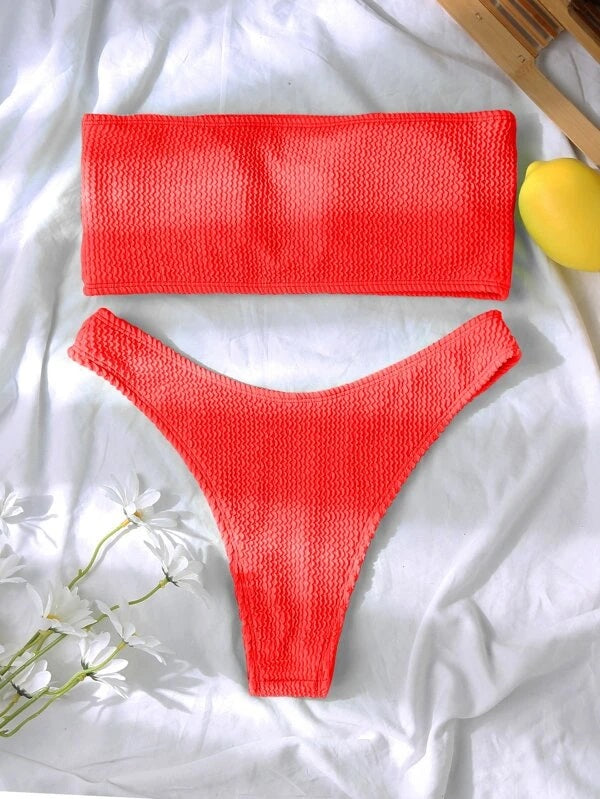 CM-SWS616531 Women Trendy Seoul Style Textured Bandeau High Cut Bikini Swimsuit - Red