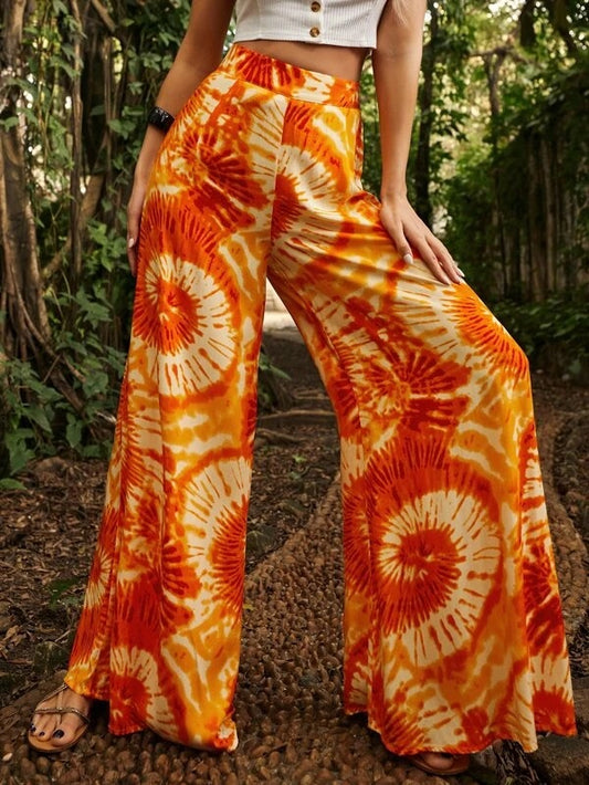 CM-BS050404 Women Trendy Bohemian Style Spiral Tie Dye Wide Leg Pants - Orange