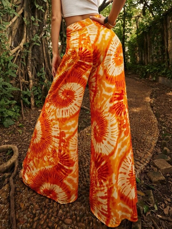 CM-BS050404 Women Trendy Bohemian Style Spiral Tie Dye Wide Leg Pants - Orange