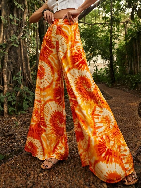 CM-BS050404 Women Trendy Bohemian Style Spiral Tie Dye Wide Leg Pants - Orange