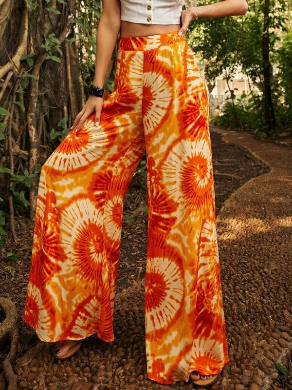 CM-BS050404 Women Trendy Bohemian Style Spiral Tie Dye Wide Leg Pants - Orange