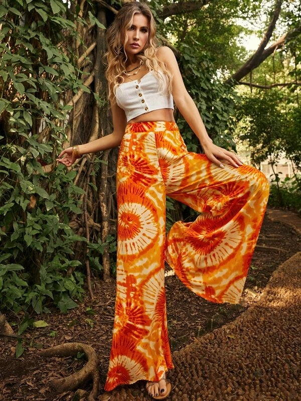 CM-BS050404 Women Trendy Bohemian Style Spiral Tie Dye Wide Leg Pants - Orange