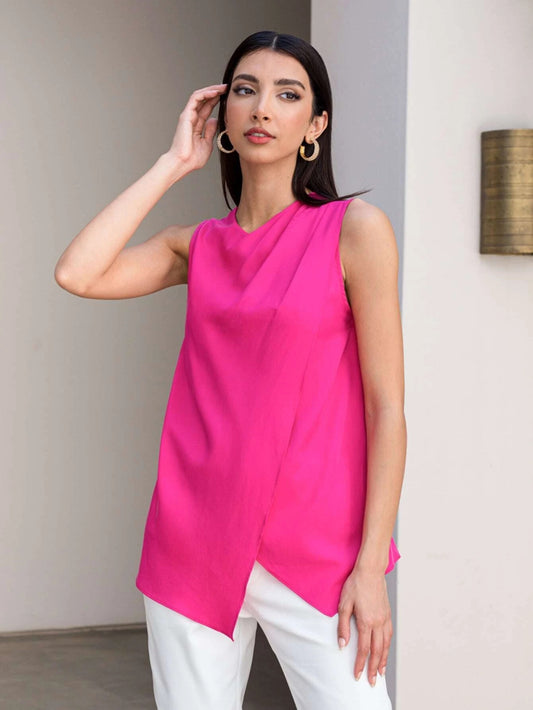 CM-TS193648 Women Elegant Seoul Style Sleeveless Draped Asymmetrical Top - Hot Pink