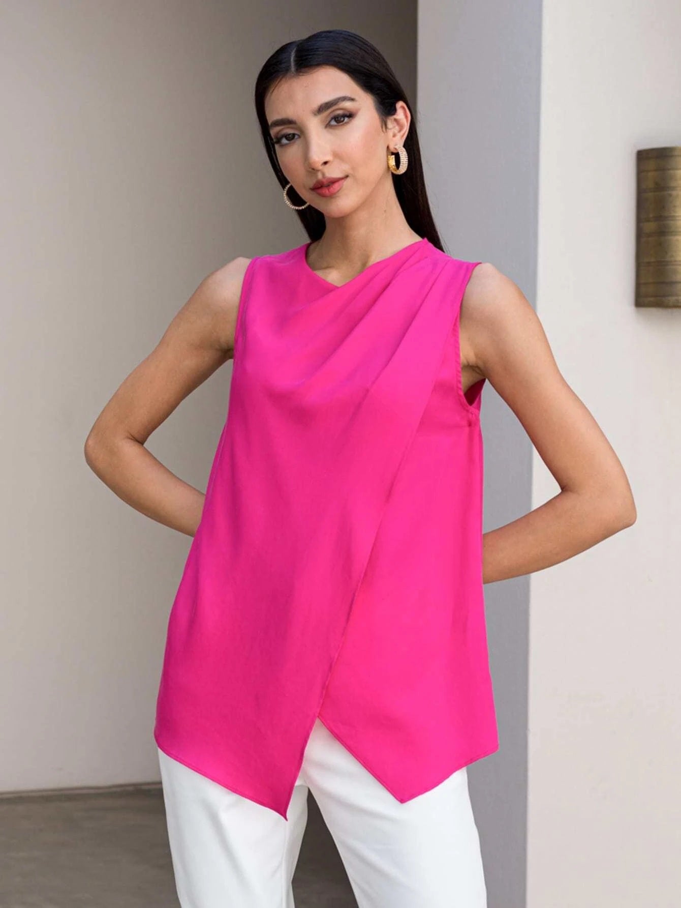 CM-TS193648 Women Elegant Seoul Style Sleeveless Draped Asymmetrical Top - Hot Pink
