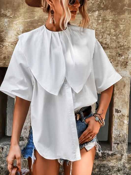 CM-TS020597 Women Trendy Bohemian Style Statement Collar Curved Hem Blouse - White