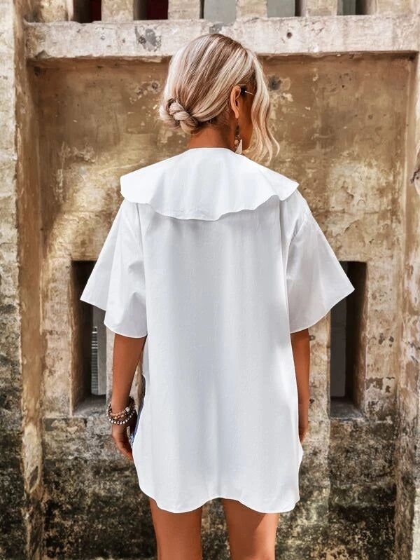 CM-TS020597 Women Trendy Bohemian Style Statement Collar Curved Hem Blouse - White