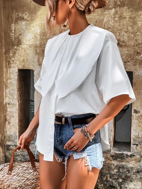 CM-TS020597 Women Trendy Bohemian Style Statement Collar Curved Hem Blouse - White
