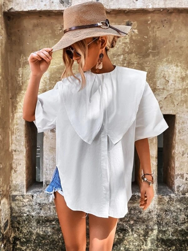 CM-TS020597 Women Trendy Bohemian Style Statement Collar Curved Hem Blouse - White
