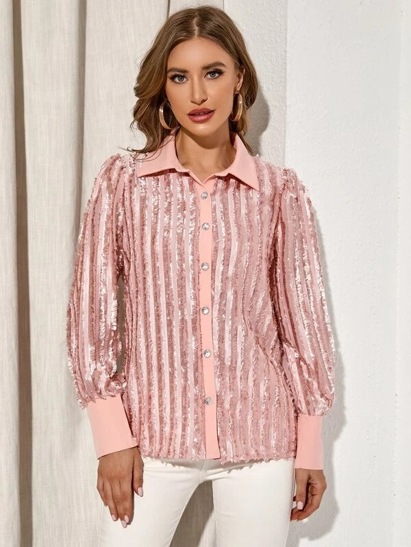 CM-TS007124 Women Elegant Seoul Style Raw Trim Lantern Sleeve Chiffon Blouse - Baby Pink