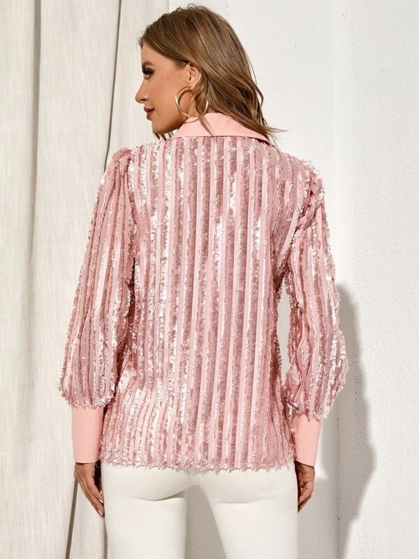 CM-TS007124 Women Elegant Seoul Style Raw Trim Lantern Sleeve Chiffon Blouse - Baby Pink