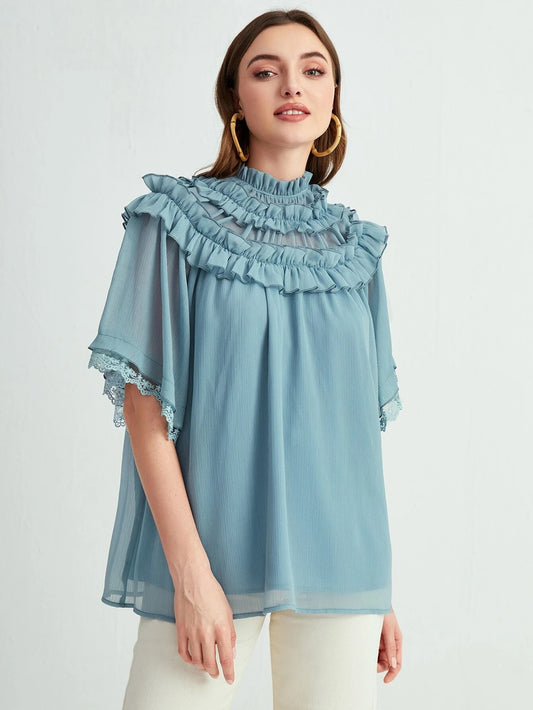 CM-TS553384 Women Elegant Seoul Style Mock Neck Ruffle Trim Contrast Lace Top - Dusty Blue