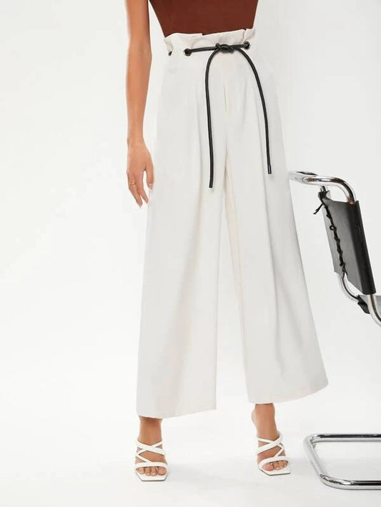 CM-BS334075 Women Elegant Seoul Style Drawstring Waist Wide Leg Pants - White