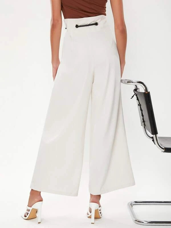 CM-BS334075 Women Elegant Seoul Style Drawstring Waist Wide Leg Pants - White