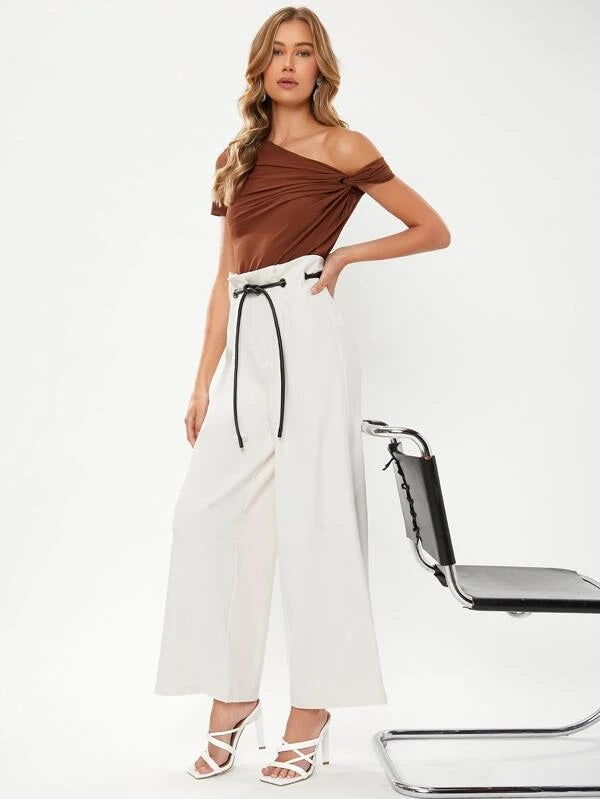 CM-BS334075 Women Elegant Seoul Style Drawstring Waist Wide Leg Pants - White