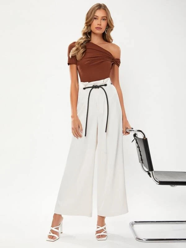 CM-BS334075 Women Elegant Seoul Style Drawstring Waist Wide Leg Pants - White