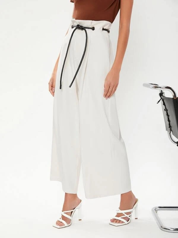 CM-BS334075 Women Elegant Seoul Style Drawstring Waist Wide Leg Pants - White