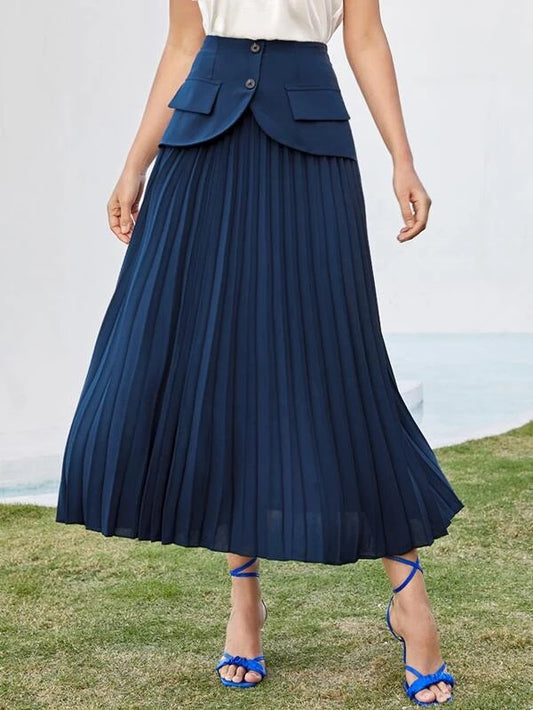 CM-BS567666 Women Elegant Seoul Style Flap Detail Foldover Pleated Skirt - Navy Blue