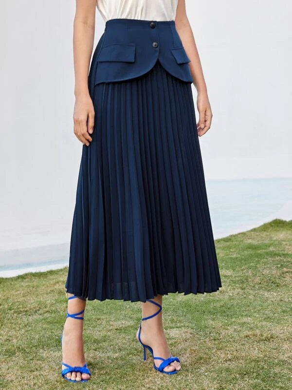 CM-BS567666 Women Elegant Seoul Style Flap Detail Foldover Pleated Skirt - Navy Blue