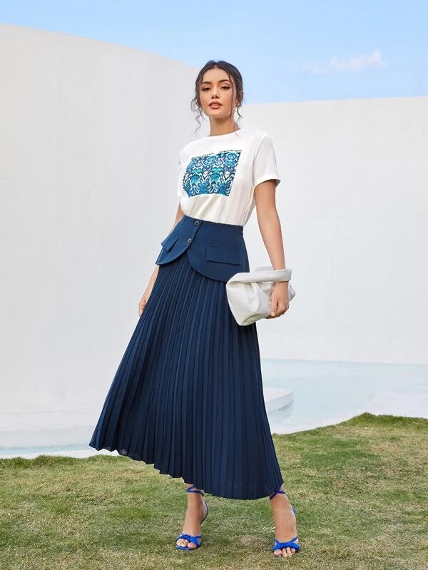 CM-BS567666 Women Elegant Seoul Style Flap Detail Foldover Pleated Skirt - Navy Blue