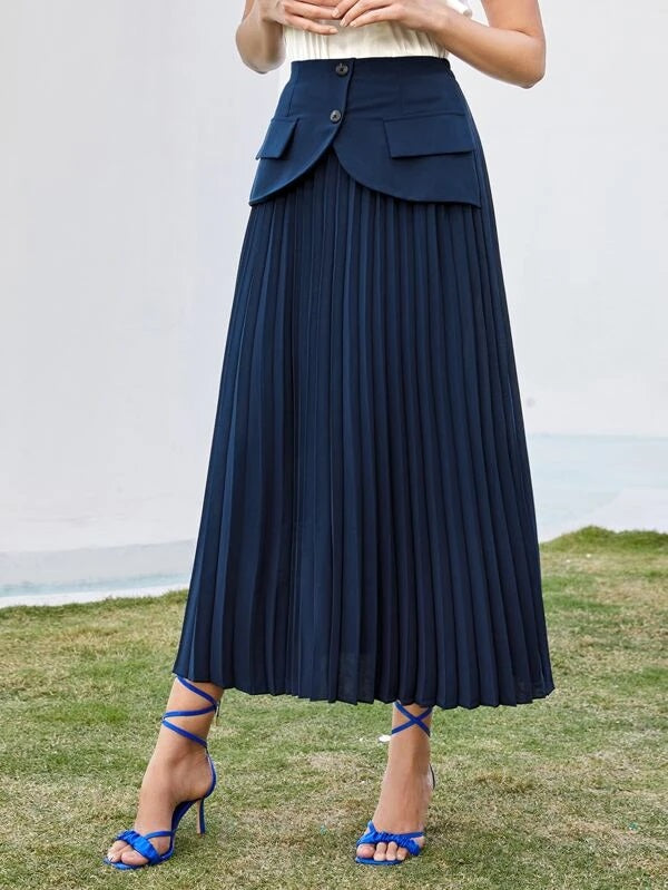 CM-BS567666 Women Elegant Seoul Style Flap Detail Foldover Pleated Skirt - Navy Blue