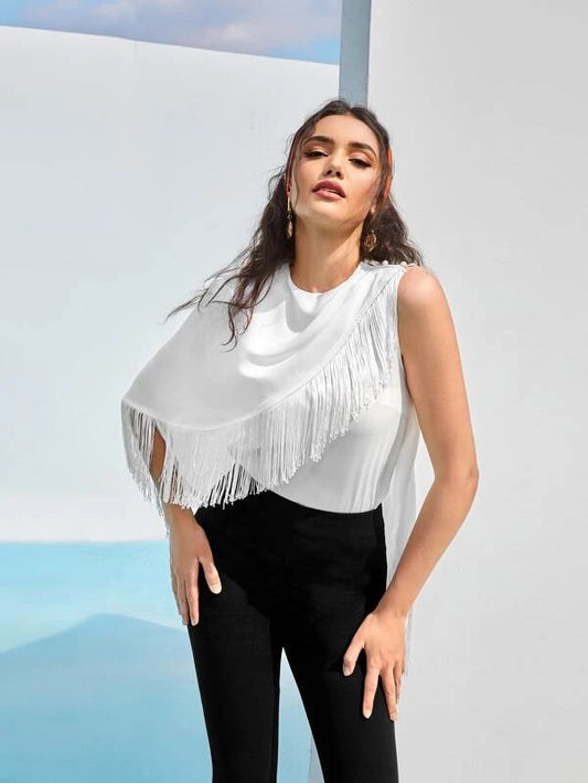 CM-TS355774 Women Casual Seoul Style Fringe Trim Asymmetrical Neck Blouse - White