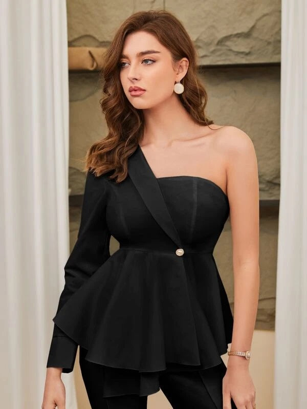 CM-TS048551 Women Elegant Seoul Style One Shoulder Single Button Peplum Blouse - Black