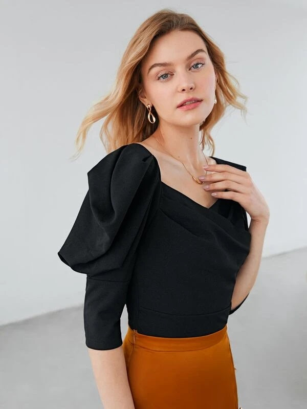 CM-TS979417 Women Elegant Seoul Style Leg-Of-Mutton Sleeve V-Neck Blouse - Black