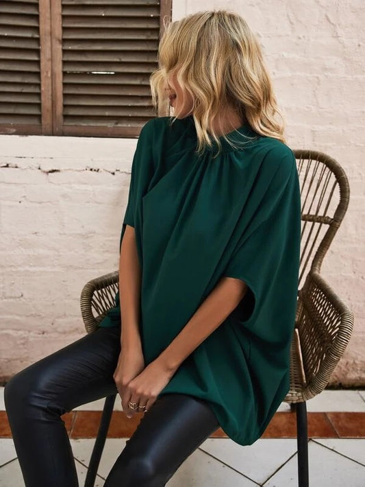 CM-TS893584 Women Elegant Seoul Style Tie Back Batwing Sleeve Blouse - Dark Green