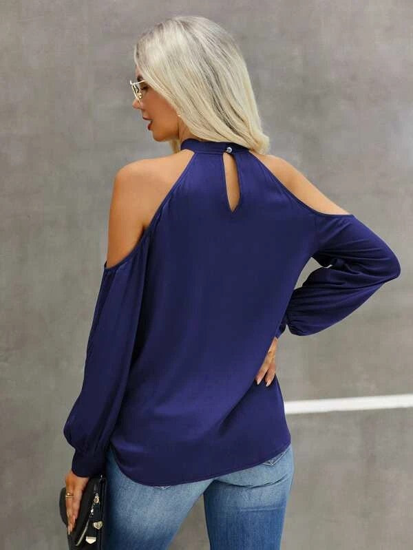 CM-TS619454 Women Casual Seoul Style Solid Choker Neck Cold Shoulder Blouse - Navy Blue
