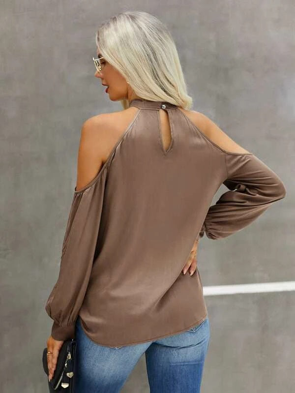 CM-TS695995 Women Casual Seoul Style Solid Choker Neck Cold Shoulder Blouse - Mocha Brown