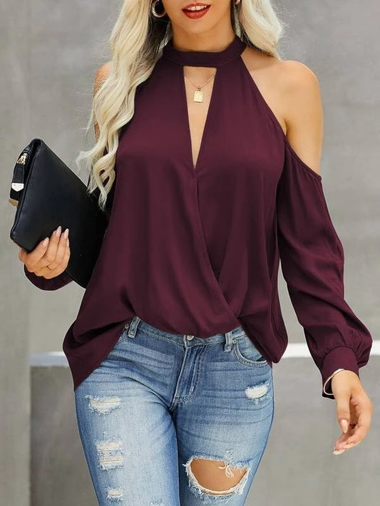 CM-TS773797 Women Casual Seoul Style Solid Choker Neck Cold Shoulder Blouse - Maroon